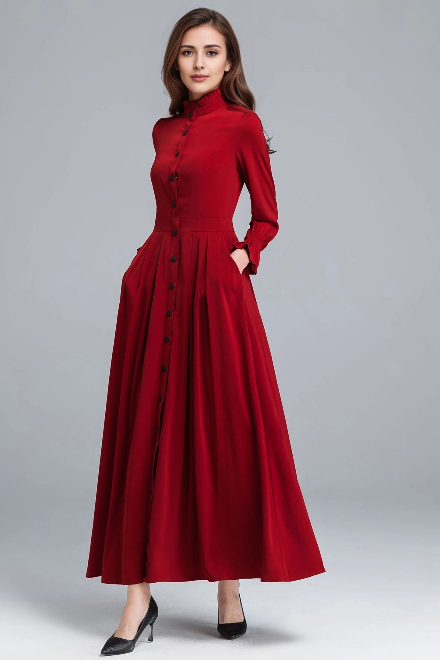 Red Long Sleeve Button Front Maxi Dress – Elegant Fit and Flare Shirt Dress 6345
