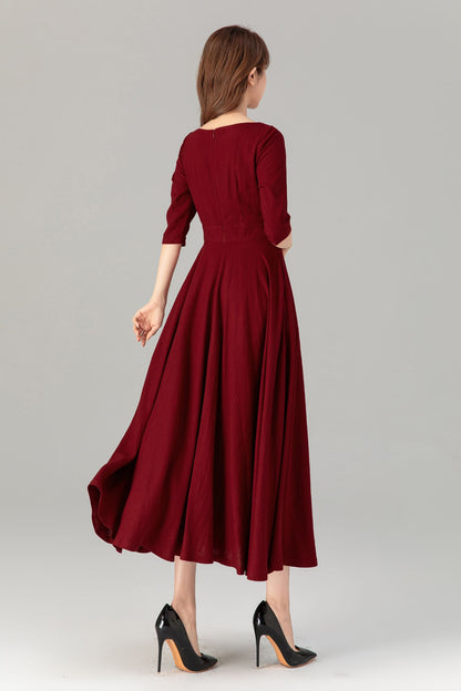 Burgundy Linen Midi Dress – Handmade Romantic Fit & Flare Summer Dress with Pockets | Xiaolizi 4908