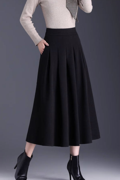 Burgundy Wool Midi Skirt - Pleated A-Line Silhouette 6138