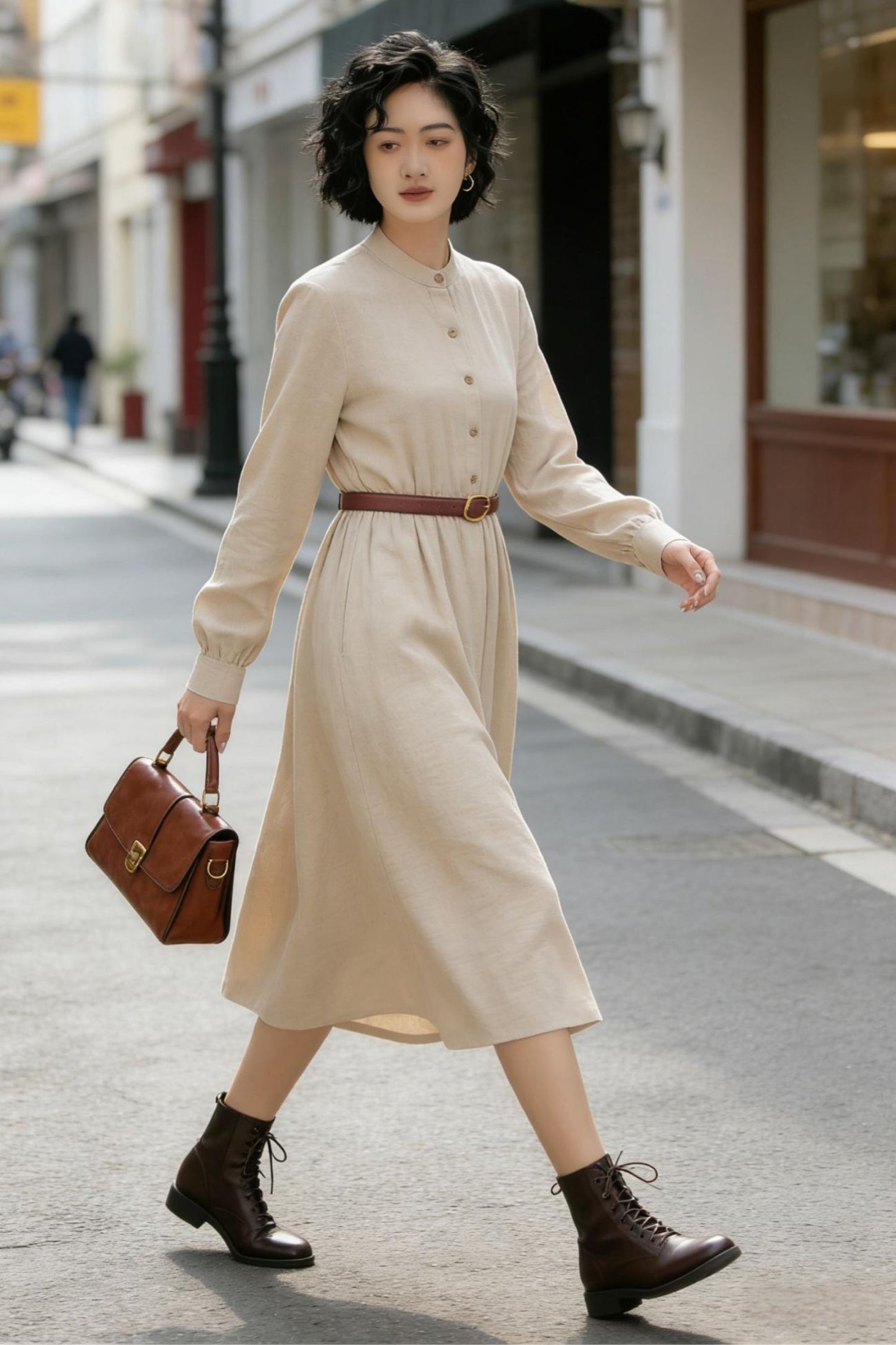 Timeless Beige Linen Midi Dress – Button Front with Stand Collar | Xiaolizi 6772