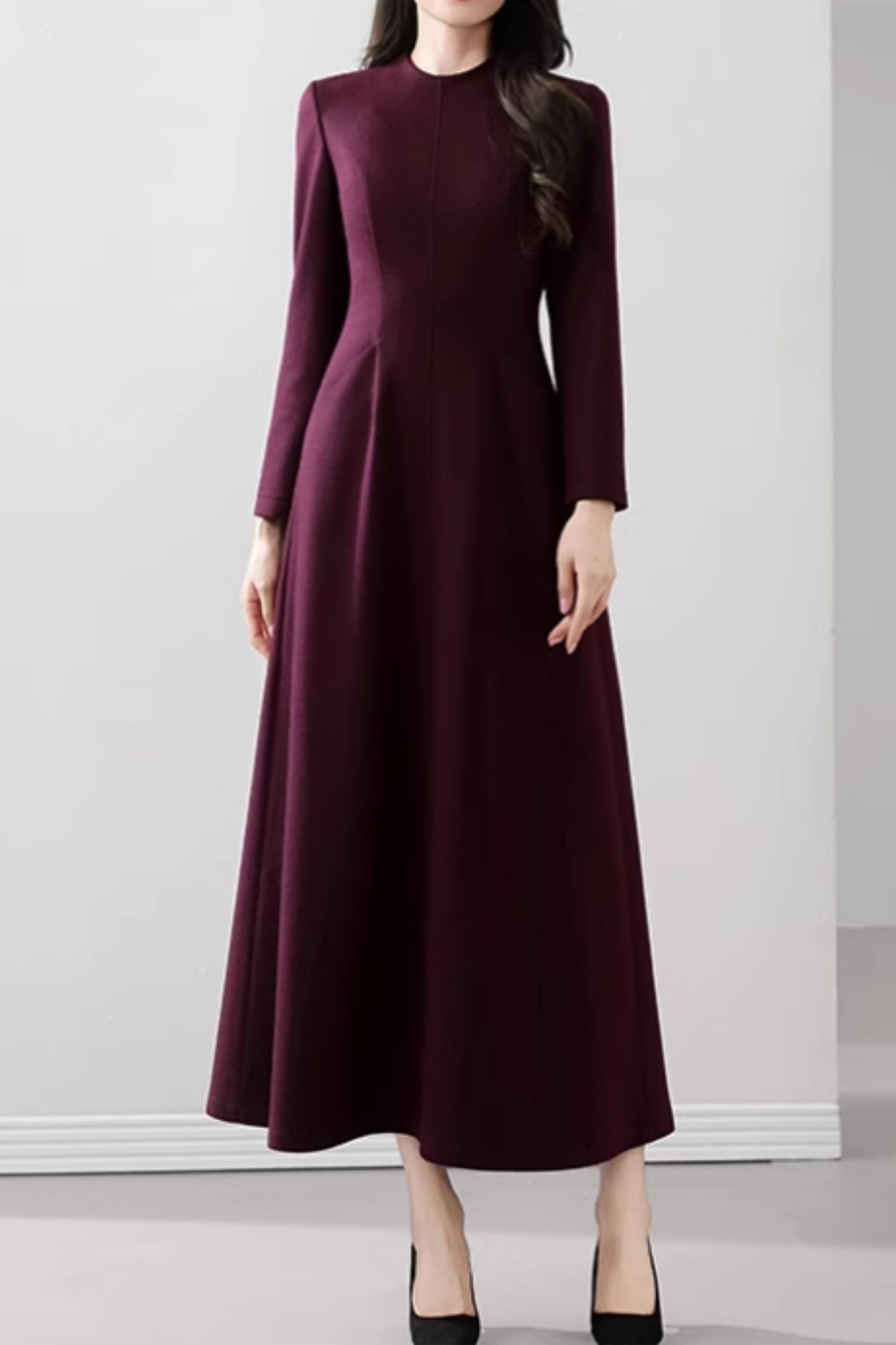 Dark purple maxi long wool dress women 5537