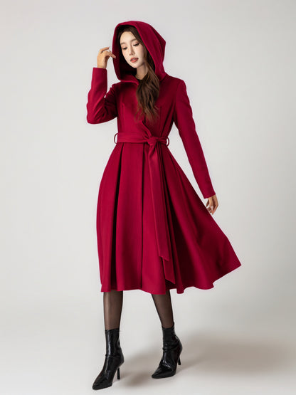 Red Wool Hooded Coat - Princess Silhouette with Belted Waist 6295