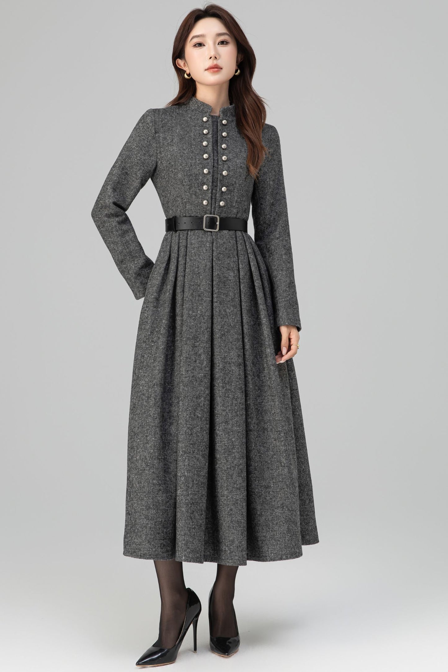 Long Sleeve Pleated Swing Wool Dress 6389