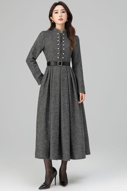 Long Sleeve Pleated Swing Wool Dress 6389