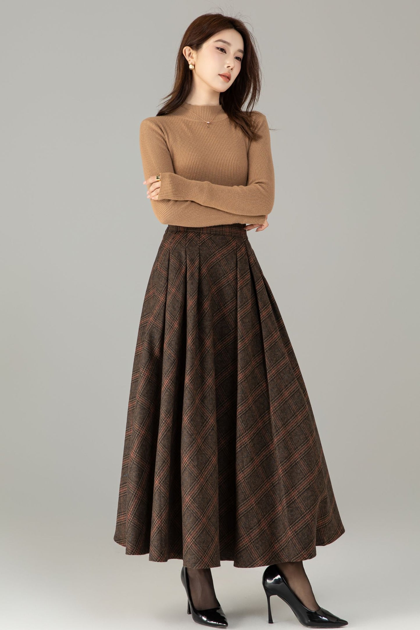 Handmade Wool Blend Plaid Skirt – Vintage Long A-Line Maxi for Autumn Winter 6505