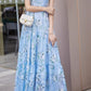 Blue floral printed long chiffon dress  5042