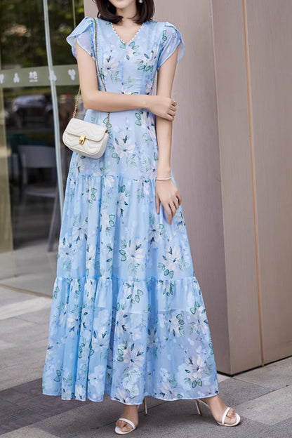 Blue Chiffon Maxi Dress - Floral Print, Cape Sleeves 5042