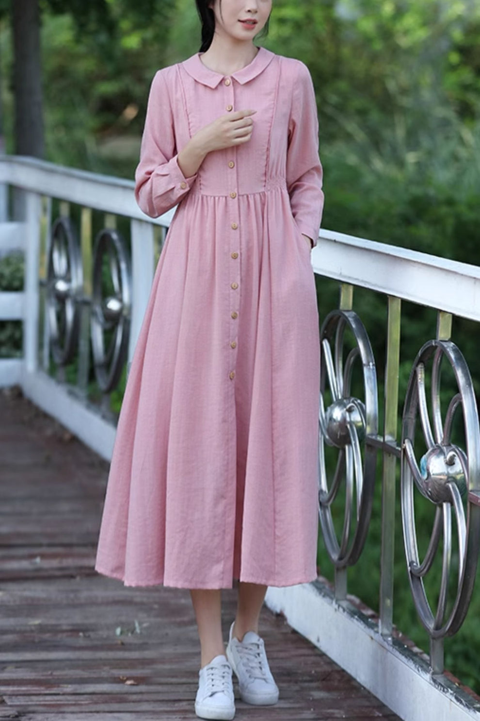 Spring fit and flare pink linen dress women 4821 – Xiaolizi