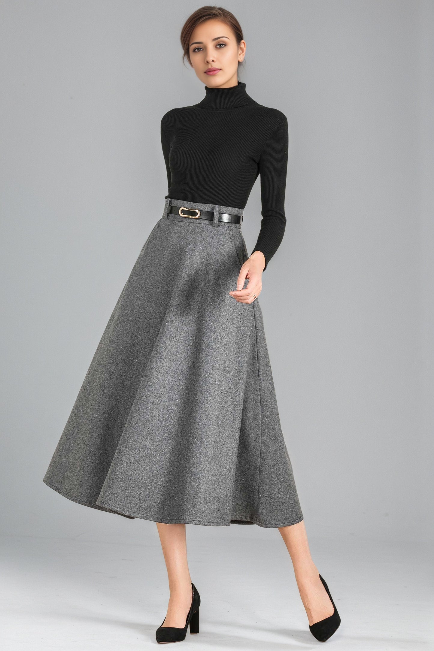 Classic A-Line Skirt in Gray Wool – High-Waist Belted Midi – 6354