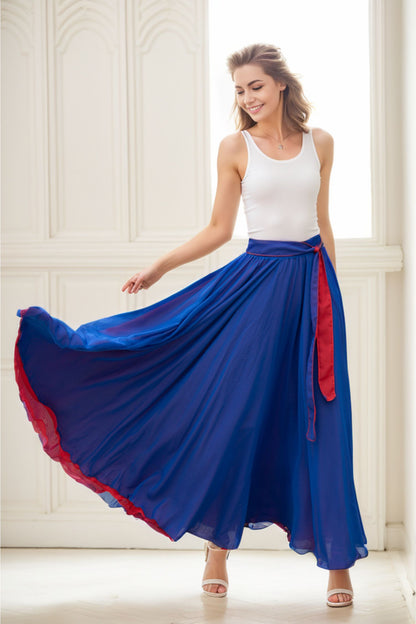 Red Chiffon Ankle-Length Skirt - Elastic Waist with Belt 5108