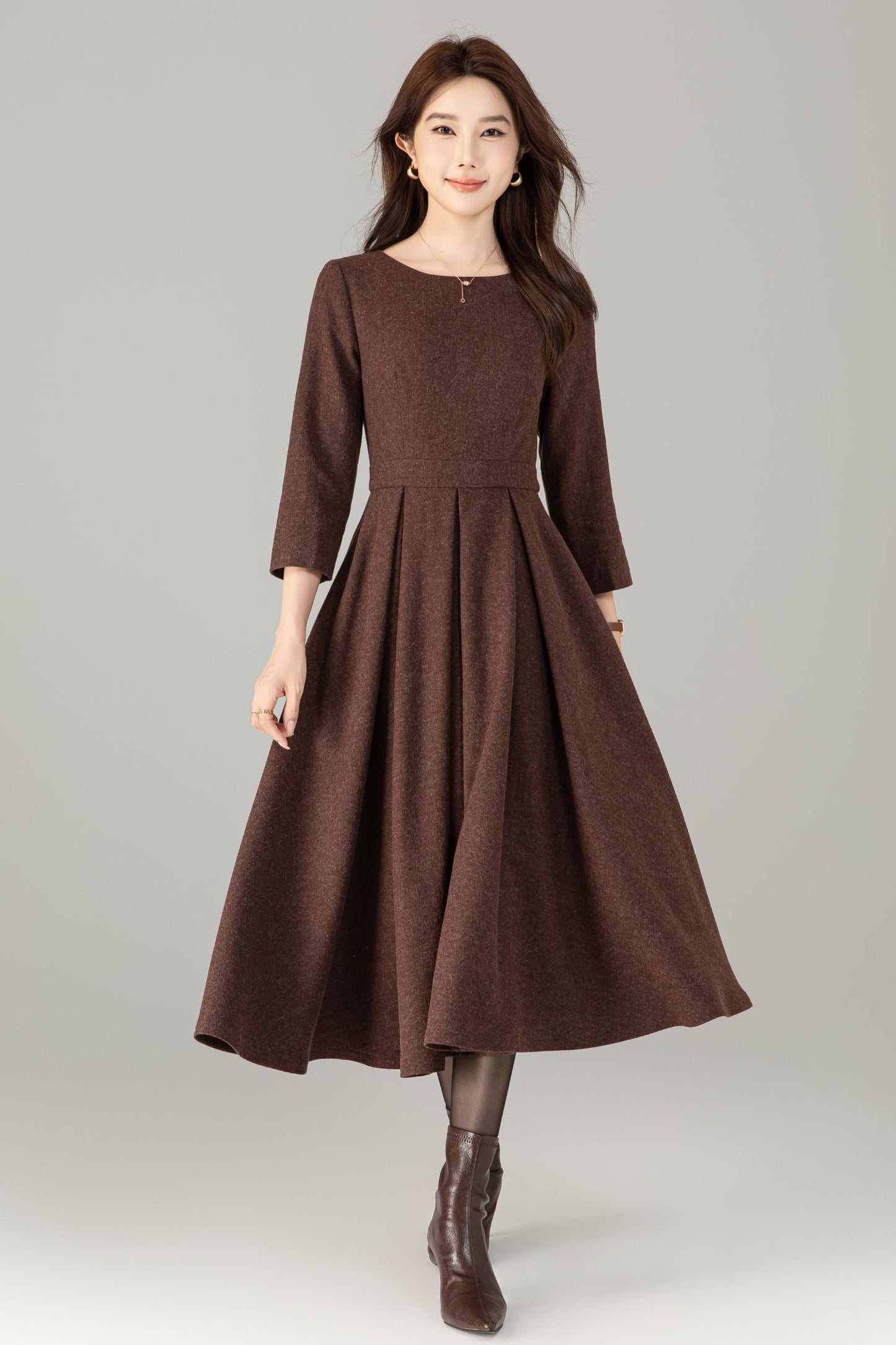 Vintage Wool Blend Midi Dress – Handmade Fit and Flare Winter Dress with Pockets | Xiaolizi 6495