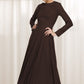 Elegant Brown Linen Cotton Dress – Boat Neck A-Line Midi | Xiaolizi 6314