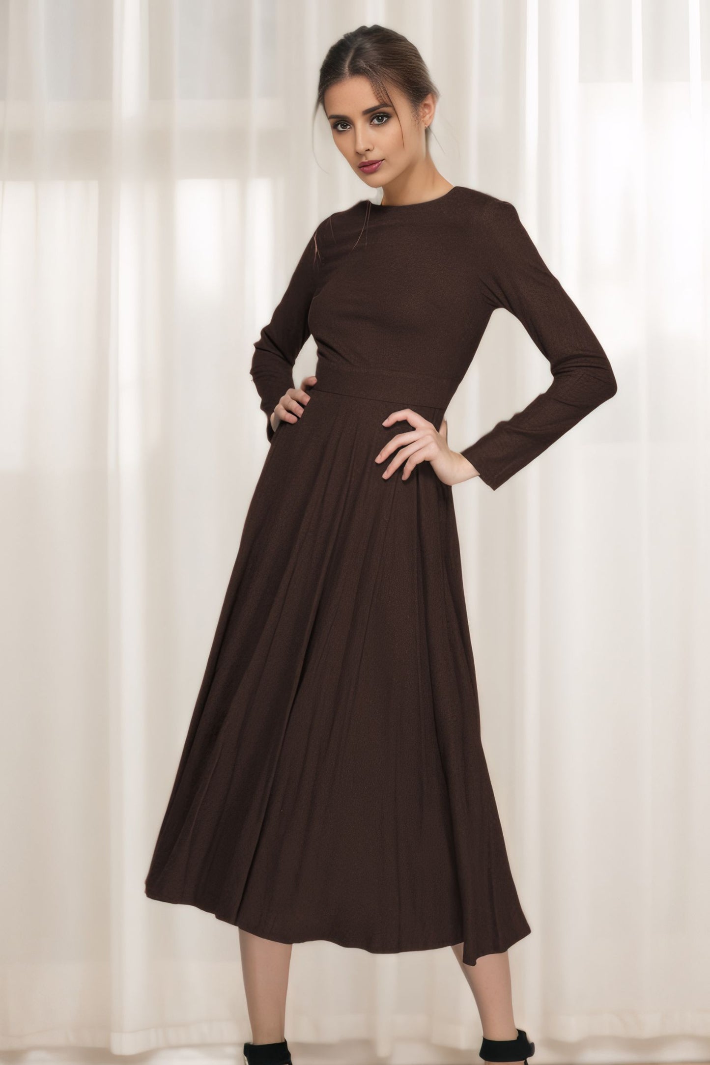 Elegant Brown Linen Cotton Dress – Boat Neck A-Line Midi | Xiaolizi 6314