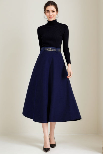 Navy Wool A-Line Maxi Skirt - Side Pockets, Zipper Closure 5234