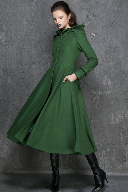 Women's swing long coat for winter in Green 1345