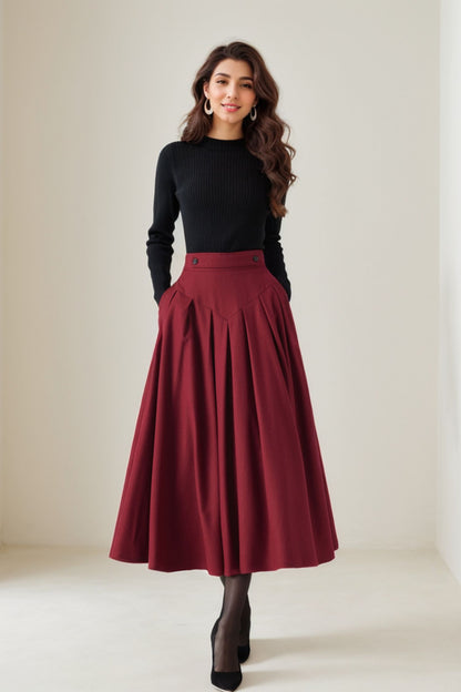 Burgundy Wool Midi Skirt - Pleated, High Waist Elegance 5248