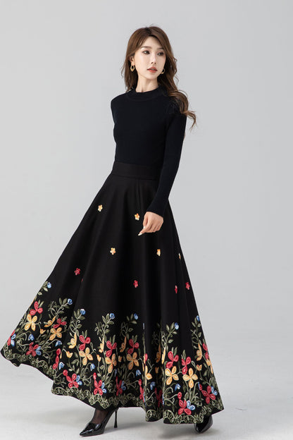 Classic Black Wool Maxi Skirt – Floral Embroidery Hem, A-Line – 5270