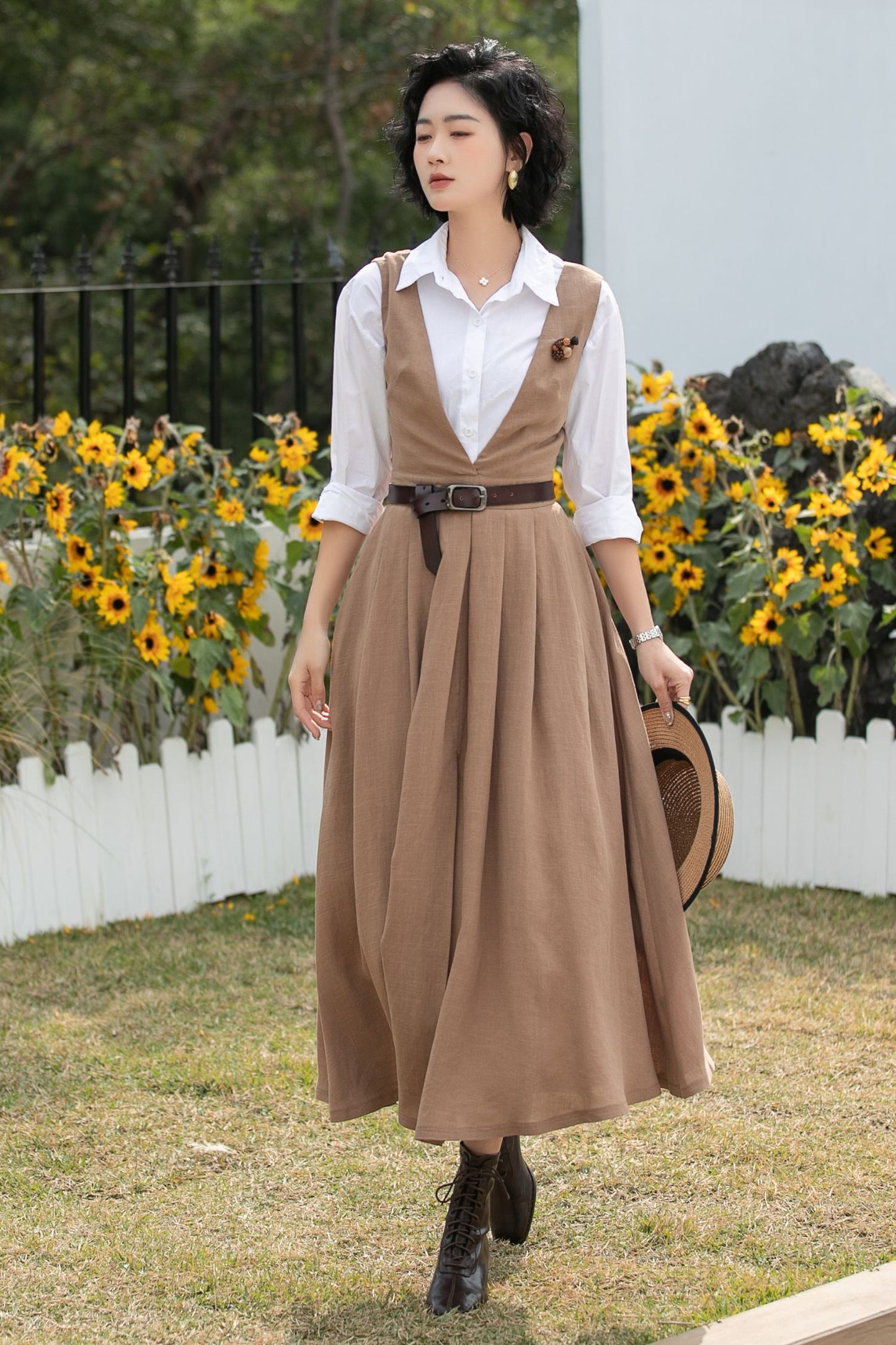 Xiaolizi Linen Pinafore Dress – Vintage V Neck Midi Swing Dress 6690