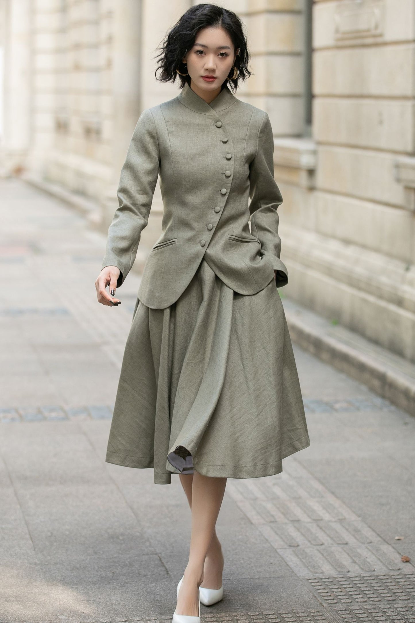 Army green asymmetrical linen jacket 5681