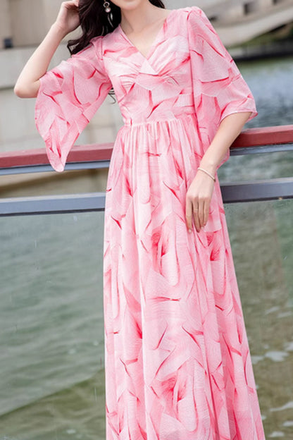 Pink Chiffon Maxi Dress - High Waist Flowy Silhouette 5035