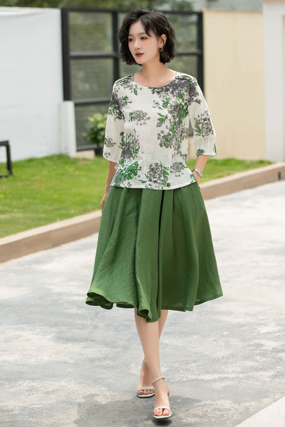 Off-White Linen Cotton Top - Relaxed Fit, Floral Print 6055
