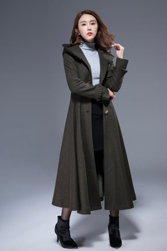 Army green fit and flare romantic wool coat 1823#