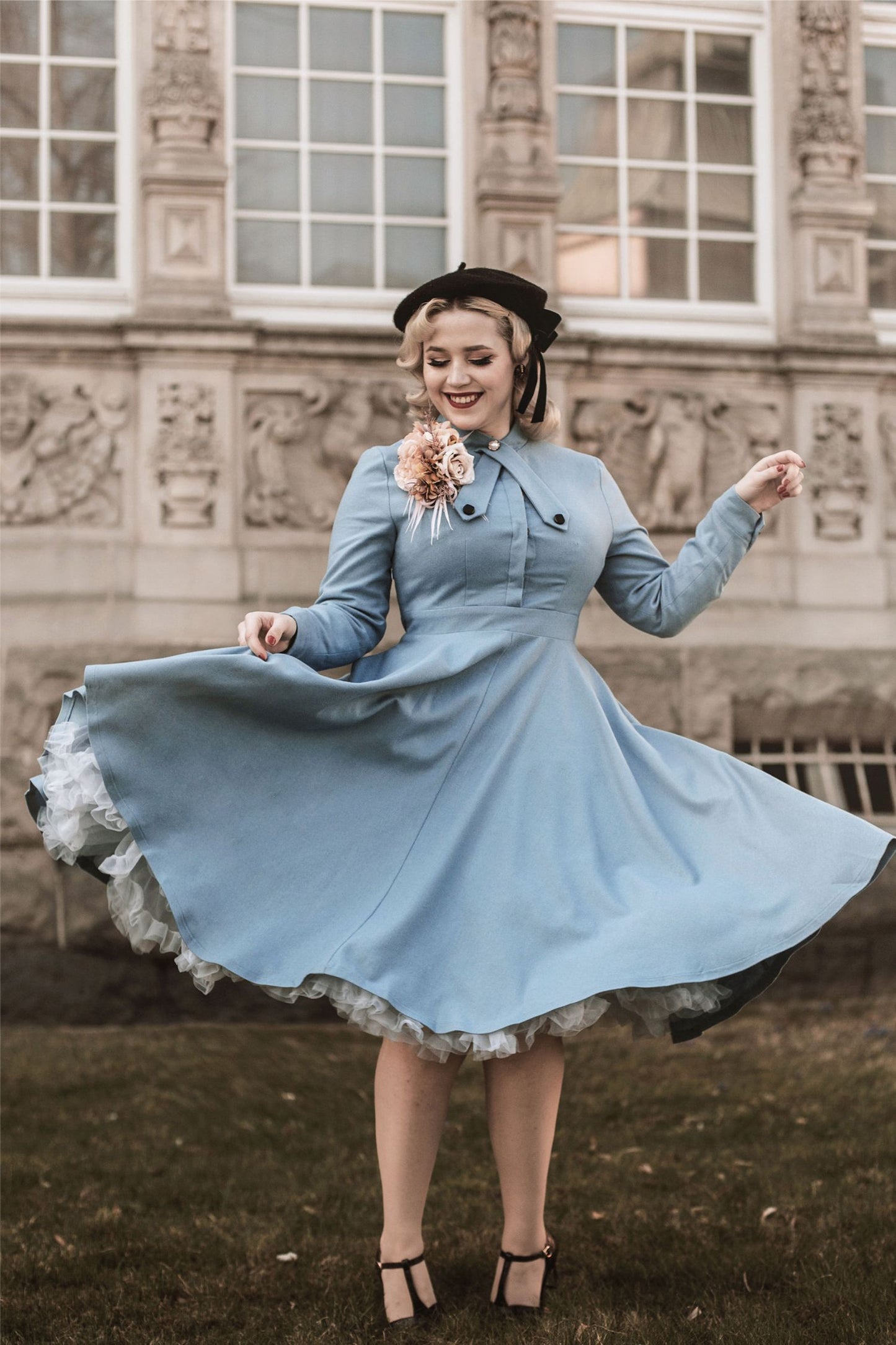 Blue Wool Fit & Flare Dress 50s Vintage Long Sleeve | Xiaolizi Blue Wool Fit & Flare Dress 50s Vintage Long Sleeve | Xiaolizi