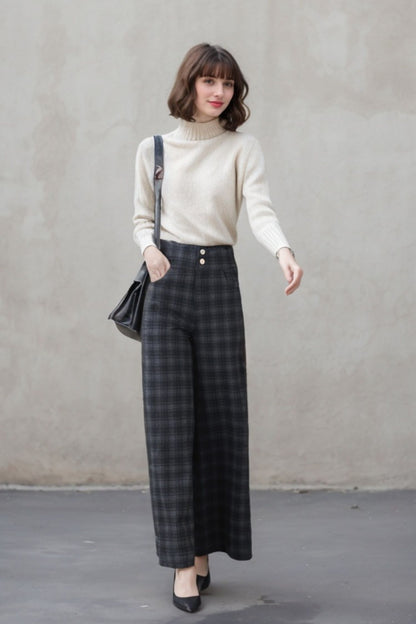 Plaid Wool Blend Wide Leg Pants - High Waist, Straight Silhouette 5402