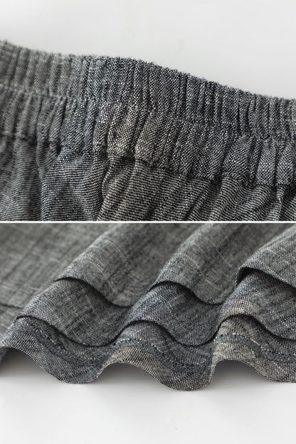 Grey Linen Cotton Maxi Skirt - Wrap Tie Side, Elastic Waist 6081