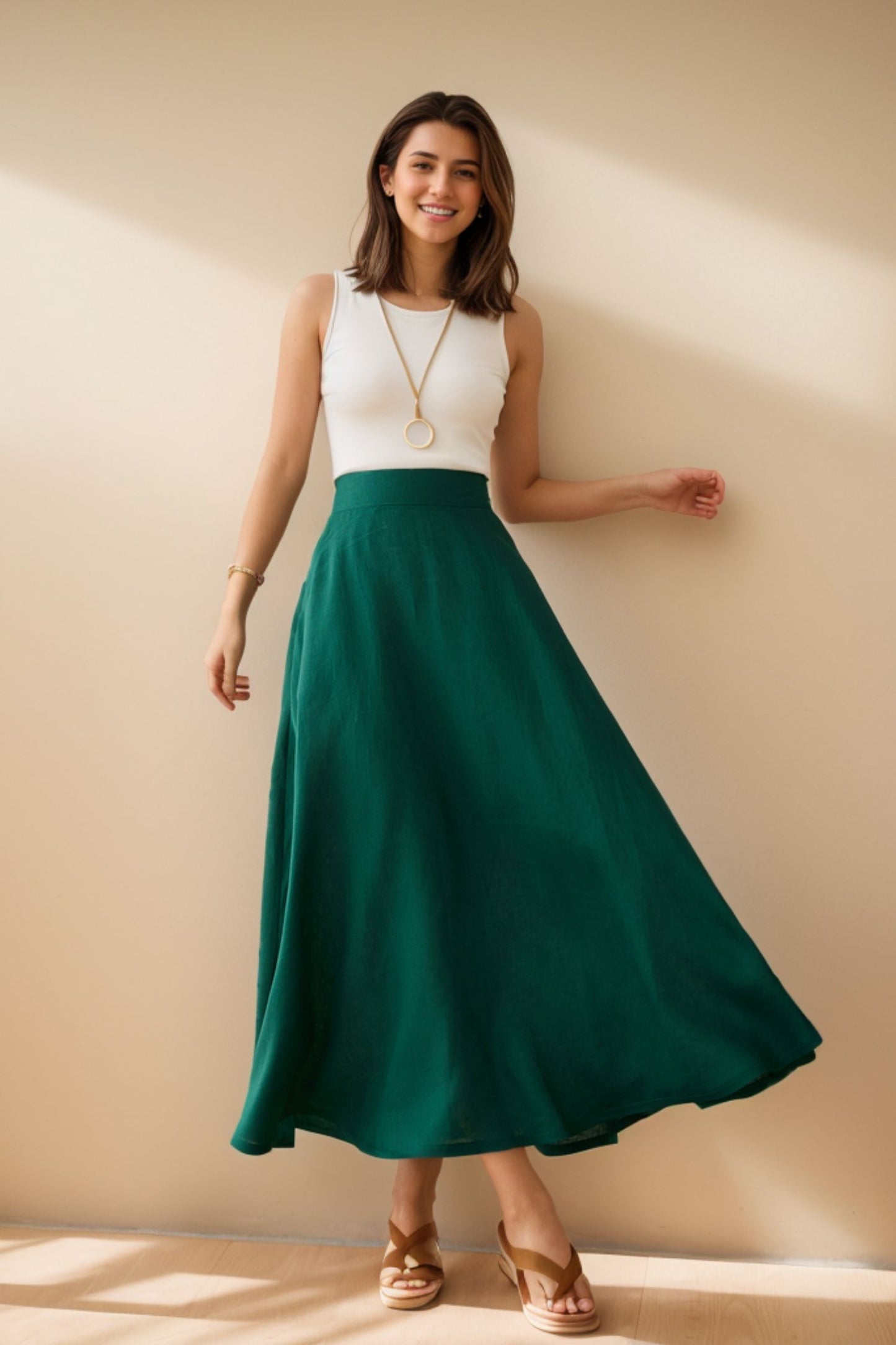 Green Linen Maxi Skirt with pockets 4977