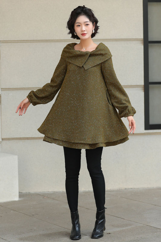 Handmade Wool Blend Tunic Coat – Vintage-Inspired Oversized Collar for Fall/Winter | Xiaolizi 6513