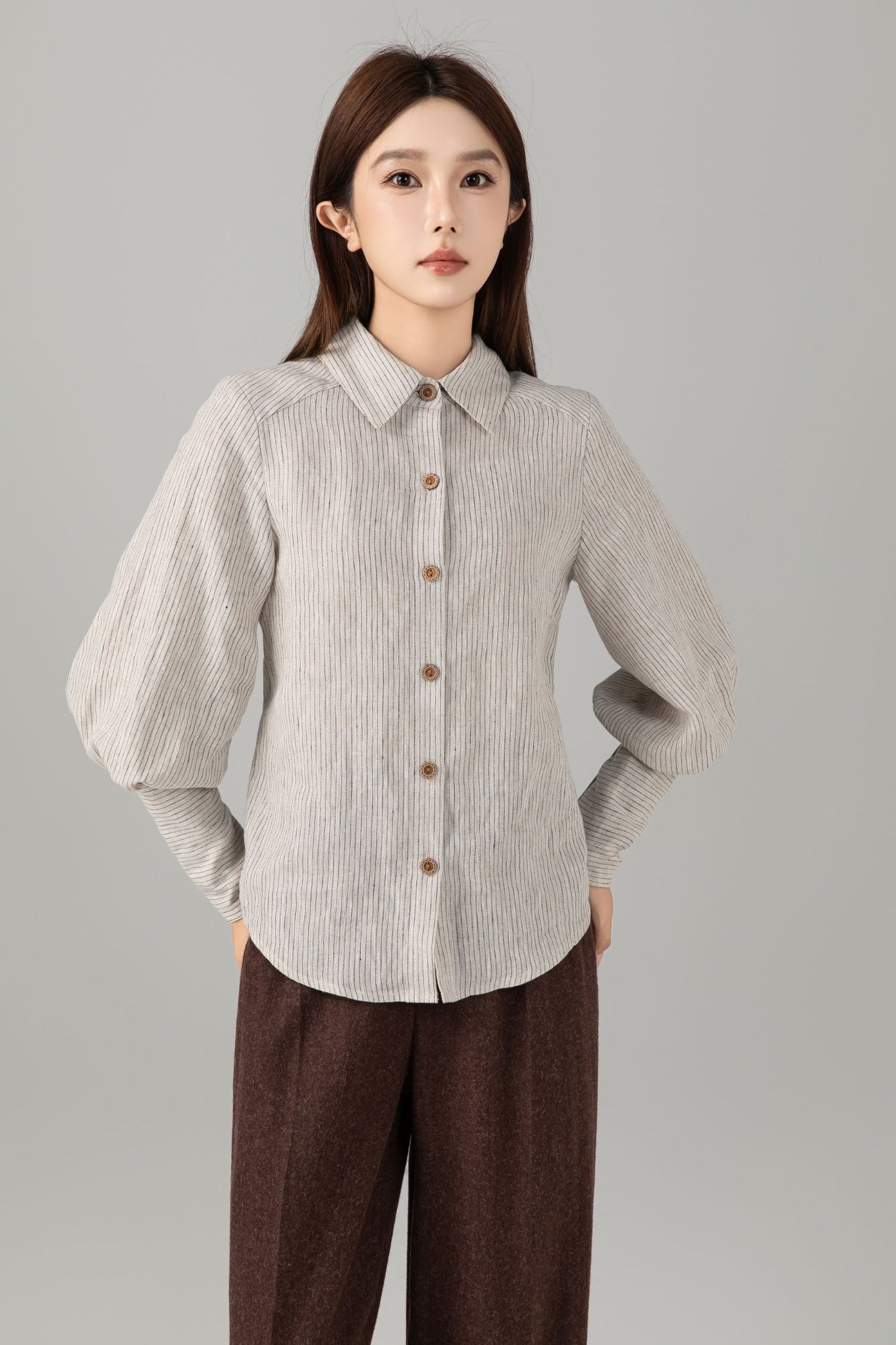 Striped Linen Shirt - Puff Sleeve Button Front | Xiaolizi 6544