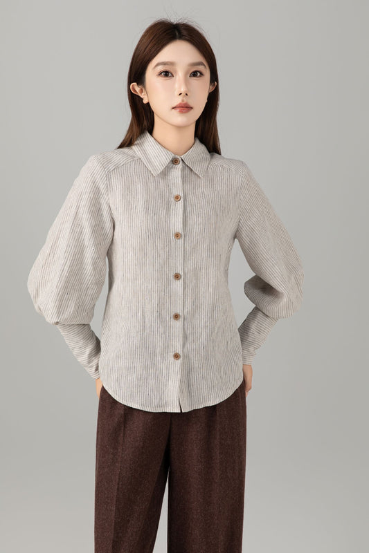 Striped Linen Shirt - Puff Sleeve Button Front | Xiaolizi 6544
