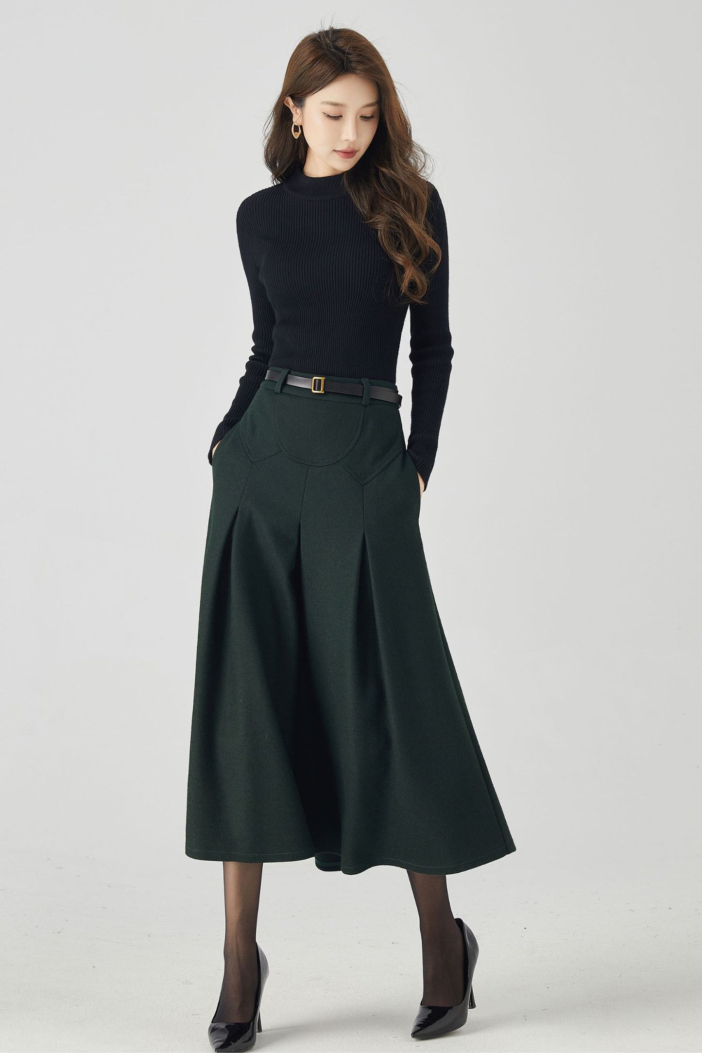 Dark green pleated midi wool skirt 4532