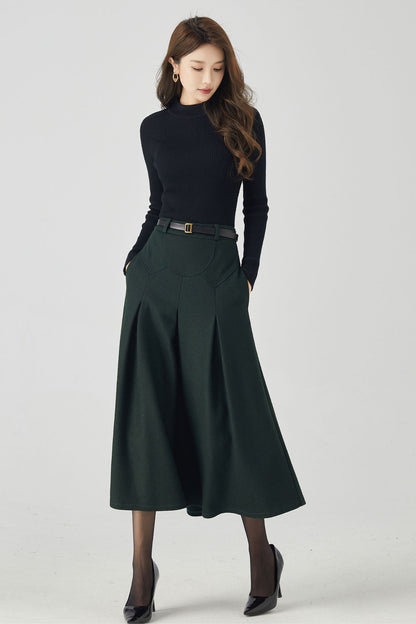 Dark Green Wool Midi Skirt – Vintage High Waist A-Line Winter Skirt with Pockets 4532