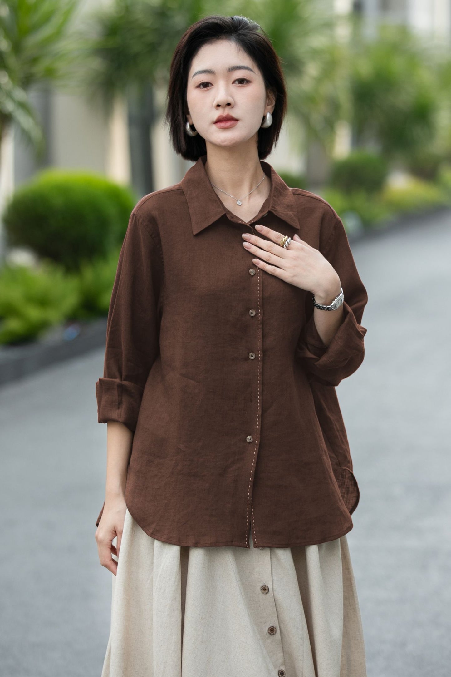 Chocolate Brown Linen Blouse – Relaxed Fit Button-Up Shirt for Women 6677