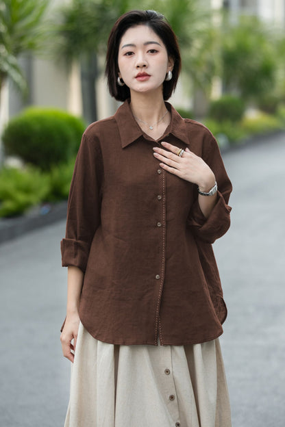 Chocolate Brown Linen Blouse – Relaxed Fit Button-Up Shirt for Women 6677