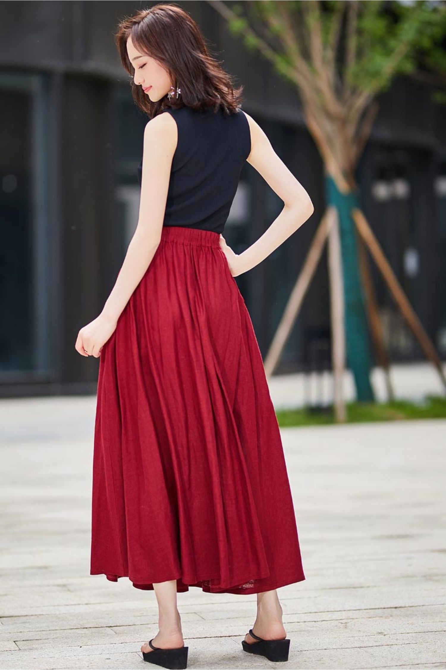 Red Linen Flared Maxi Skirt | Elastic Waist, Pleated Pockets Xiaolizi Red Linen Flared Maxi Skirt | Elastic Waist, Pleated Pockets Xiaolizi