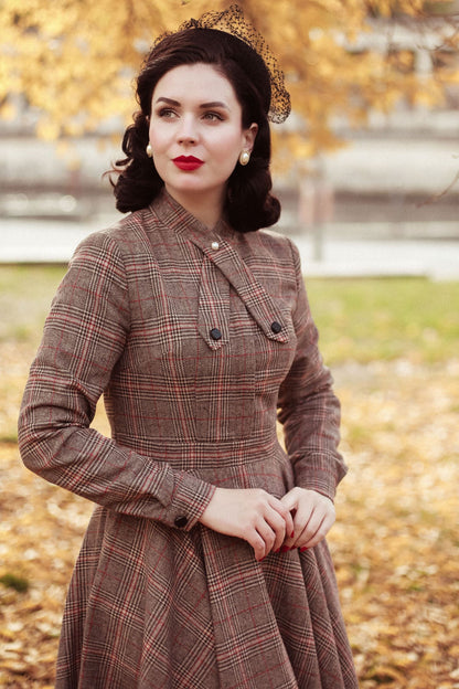 Brown Wool Plaid Dress - 1950s Fit & Flare Knee Length | Xiaolizi 2448