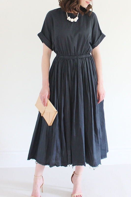 Black midi cotton dress with elastic waist HY0005