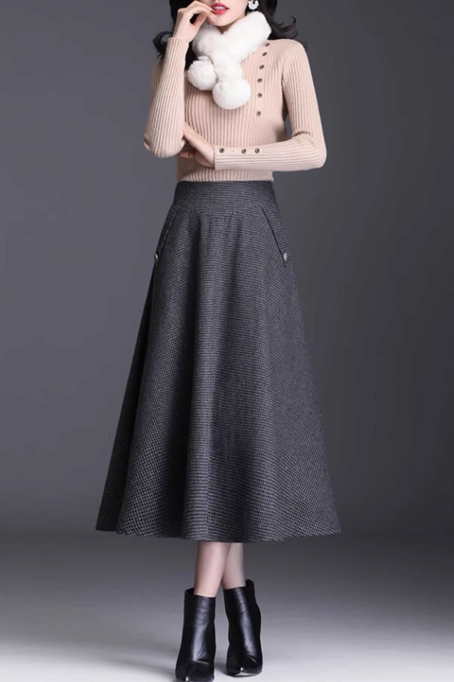 Black & Gray Wool A-Line Midi Skirt - High Waist, Pockets 6133