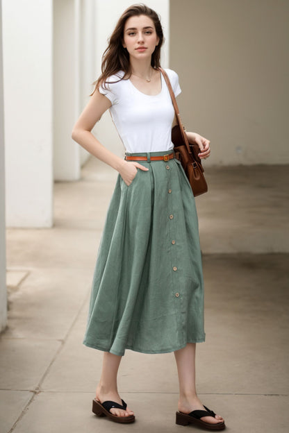 Green Linen Midi Skirt - A-Line Button Front | Xiaolizi 5135
