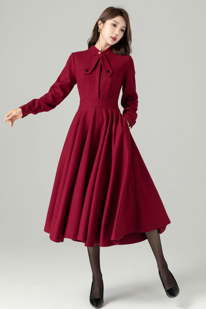 Burgundy Wool Blend Vintage Dress – Long Sleeve Fitted Waist Flared Midi 4490