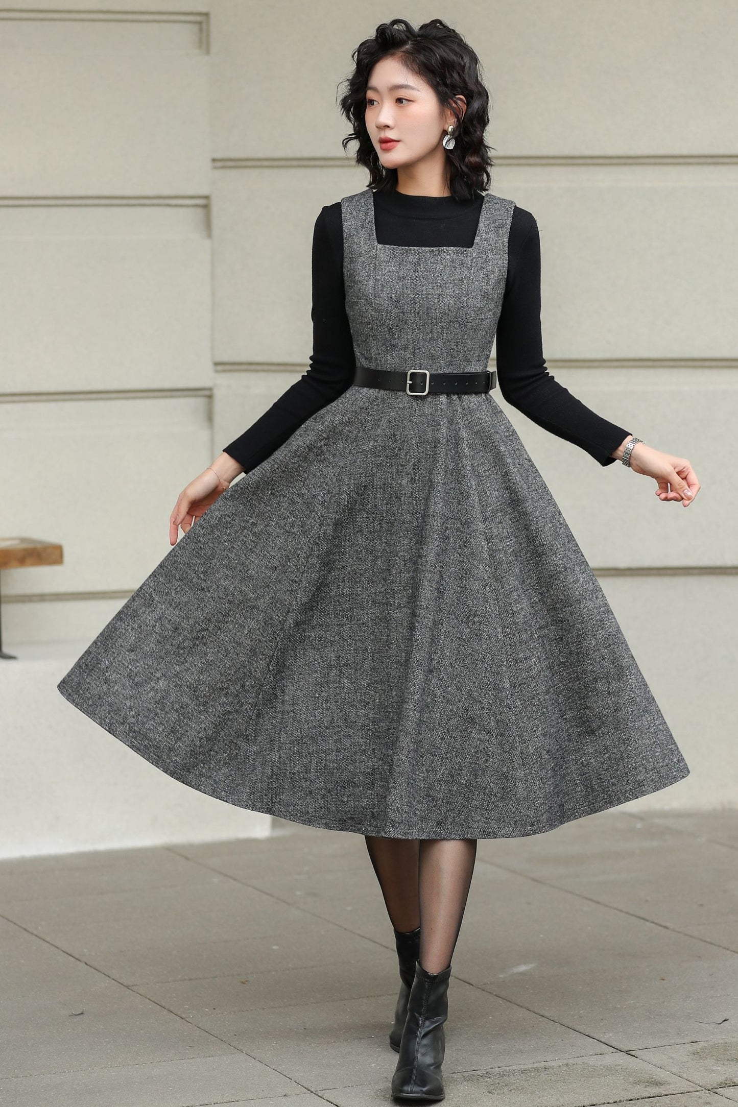 Handmade Wool Pinafore Dress – Gray Sleeveless Midi for Autumn Winter 6418