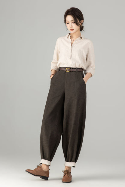 Brown Linen Harem Pants – Loose Fit Tapered Trousers for Women 6679