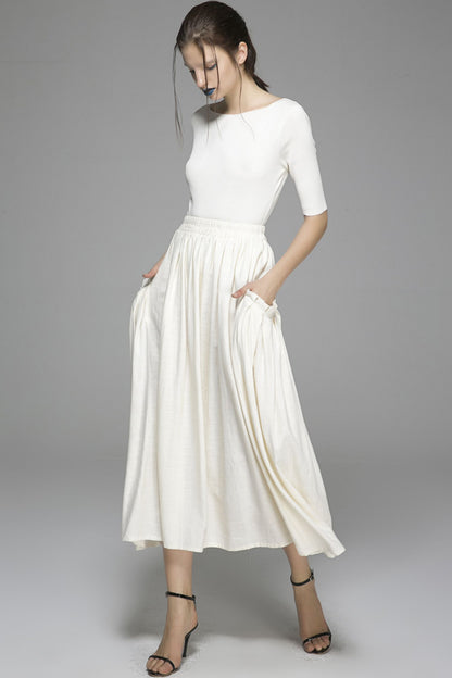White Linen Cotton Maxi Skirt - Elastic Waist Big Pockets | Xiaolizi 1391