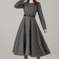 Xiaolizi Vintage-Inspired Handmade Wool Blend Fit & Flare Midi Dress – Long Sleeve Round Neck 6501