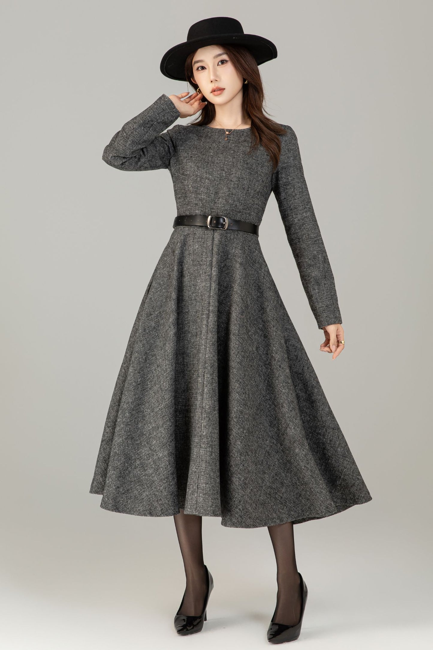 Xiaolizi Vintage-Inspired Handmade Wool Blend Fit & Flare Midi Dress – Long Sleeve Round Neck 6501