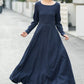 Navy Blue Linen Maxi Dress – Vintage Fit and Flare Long Sleeve Dress 6660