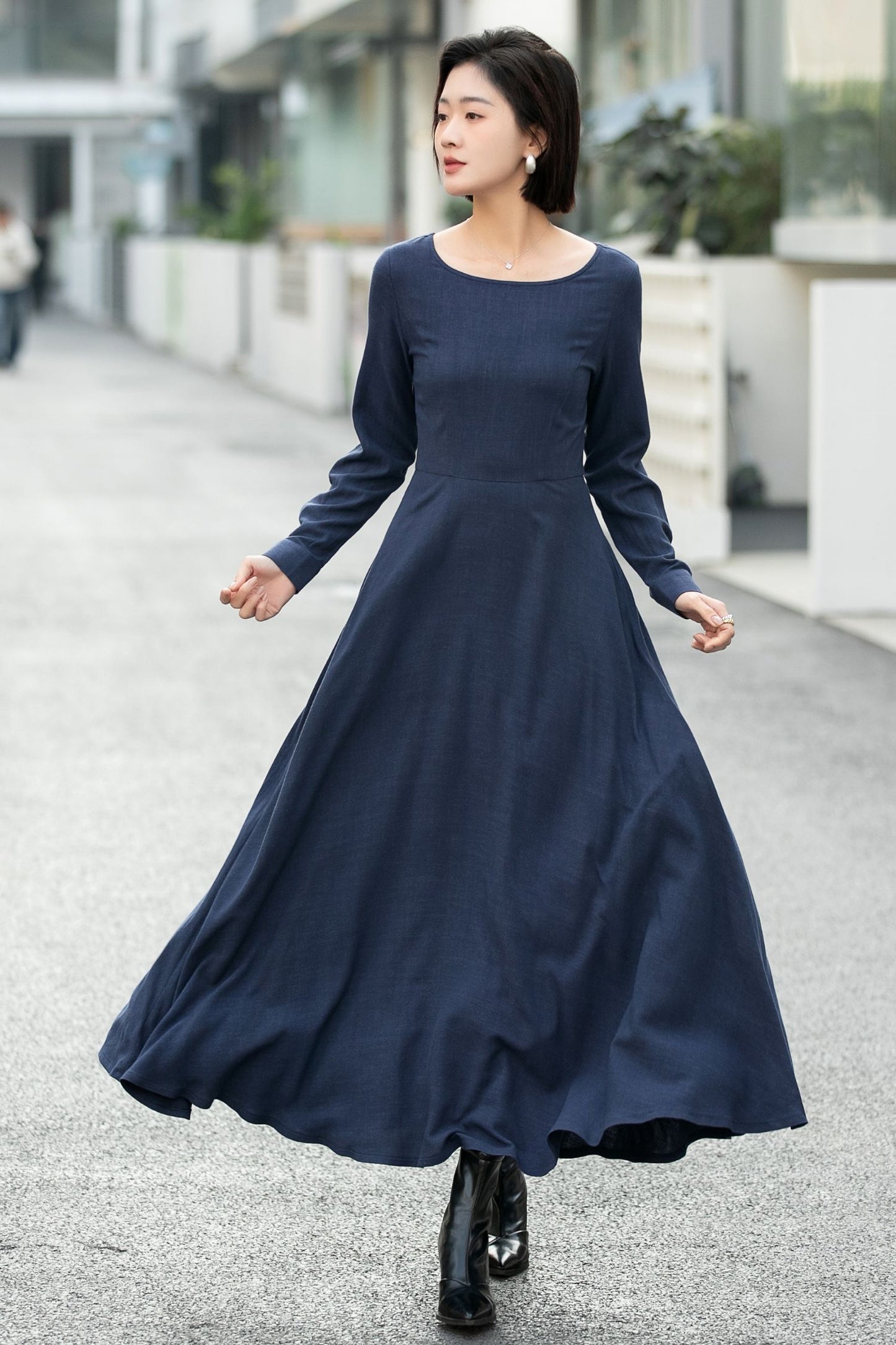 Navy Blue Linen Maxi Dress – Vintage Fit and Flare Long Sleeve Dress 6660